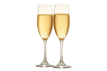 Two filled champagne glass pair with bubbles on transparent background