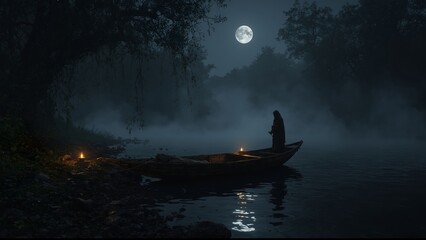 Mysterious Figure on a Boat Under the Moonlight