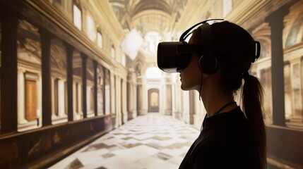 Person wearing virtual reality headset experiencing a virtual museum tour.