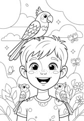 a boy and parrots. coloring book
