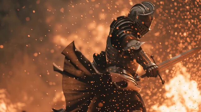 medieval knight in full armor standing in flames with sword &mdash; perfect for fantasy book covers, rpg illustrations, or epic battle posters	
