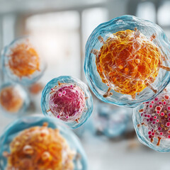 Infographic: Stem cell therapy applications, abstract representation of cell differentiation into various tissues, glowing stem cells, diverse tissue types. The composition adheres 