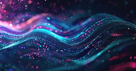 Abstract digital waves with vibrant colors and glowing particles.