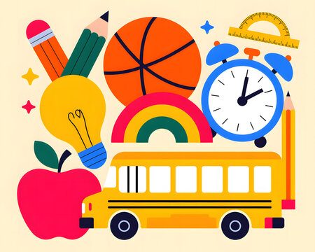Vibrant back to school supplies and transportation illustration with a yellow school bus