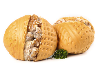 Delicious walnut buns filled with brown sugar on a white background showcasing Cantonese handmade delights