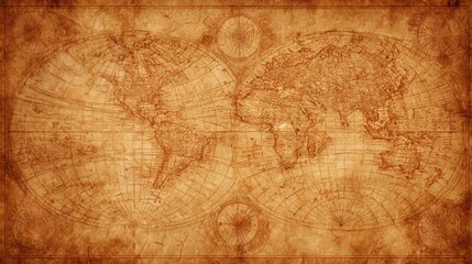Vintage world map with aged parchment texture, detailed cartography in warm sepia tones for an antique aesthetic.