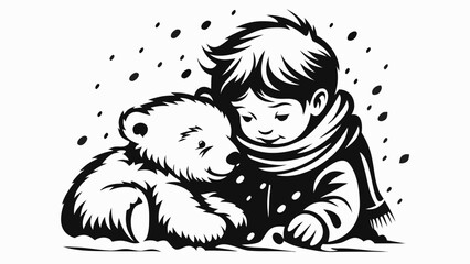 Obraz premium A monochrome illustration of a boy embracing a teddy bear with snow falling around them in a winter scene silhouette