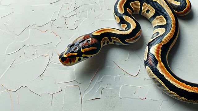 A ball python moves smoothly over a textured background, showcasing its striking patterns and colors in a serene indoor setting