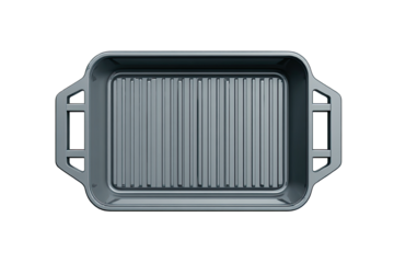 Rectangular gray baking pan with ridged grill surface.  Top view,  showing handles
