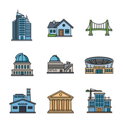Stunning architectural icons showcase city skylines and iconic landmarks in a vibrant vector design