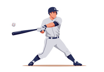 Baseball batter poised to hit a flying baseball bat cocked ready to swing