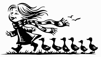 Fototapeta premium Silhouette of a girl in a coat and scarf walking with a line of ducks and birds flying above them outdoors