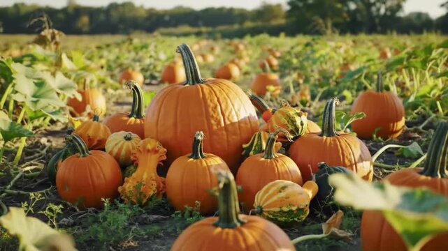 A vibrant pumpkin patch displaying a variety of gourds and pumpkins in autumn light