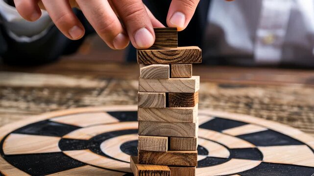 A hand carefully places the final wooden block on top of a tower in a lively tabletop game environment