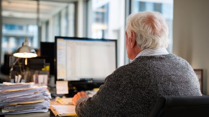 Senior working in office with computer and documents