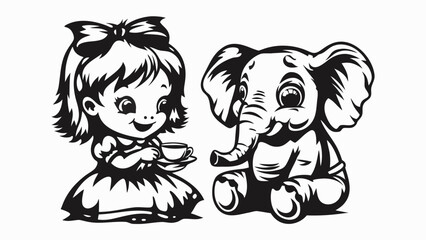 Fototapeta premium Illustration of a girl with a bow having tea next to an elephant toy in black and white style art silhouette