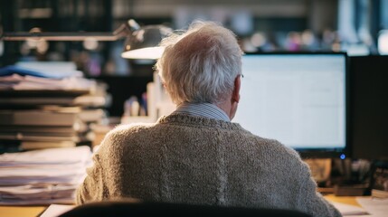 Senior employee focused on computer tasks in modern office setting