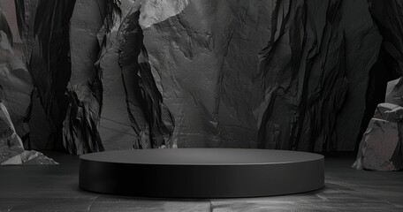 A minimalist stage set against a rocky backdrop, ideal for presentations or performances.