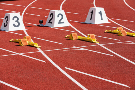 race track with startblocks in a stadium