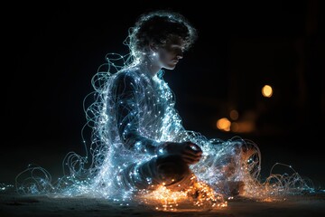 Obraz premium Luminous thought threads emerge from silhouette entwined with symbols and memories