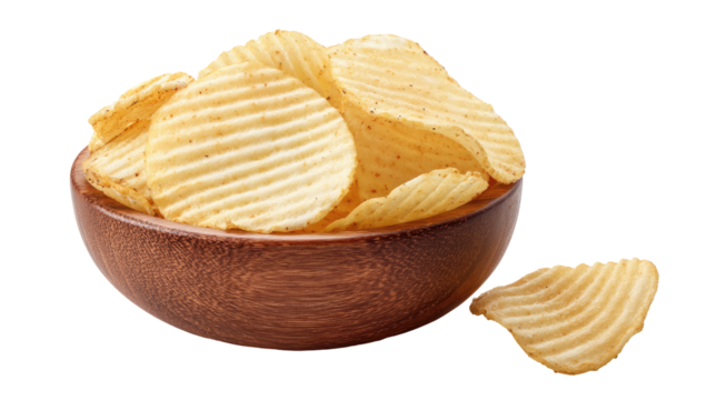 Wooden bowl brimming with light golden, ridged potato chips