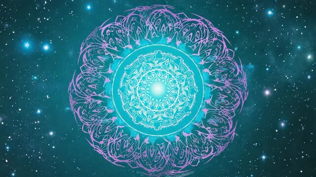 Mesmerizing cosmic mandala pulsates with ethereal light against a star-filled galaxy backdrop
