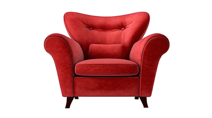 A red leather armchair with wooden legs and button tufting
