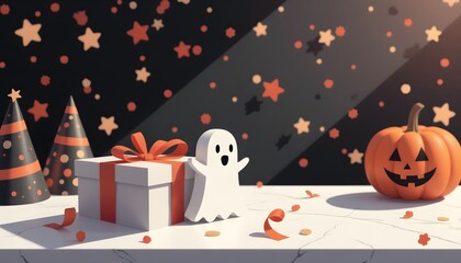 Whimsical Halloween Scene with Ghost, Pumpkin, Gifts, and Festive Decor on Table