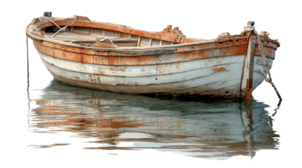 Classic Wooden Boat on Calm Sea background isolated on a Transparent background, PNG file.