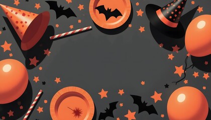 Halloween Celebration Decorations with Balloons, Hats, Plates, and Bats on Dark Background