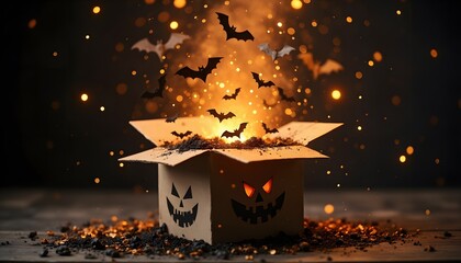 Halloween pumpkin box with bats and magical sparks in dark background