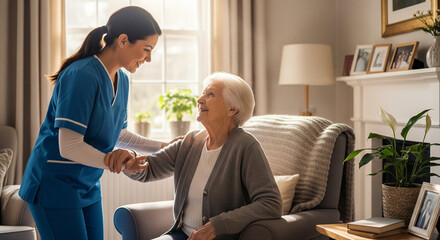 Caregiver helping a senior woman to stand up