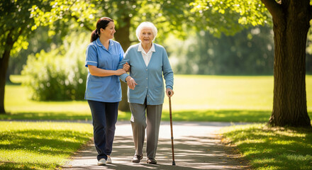 Senior woman and caregiver walking in the park