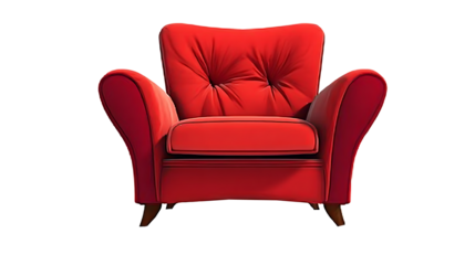 A red leather armchair with wooden legs and button tufting
