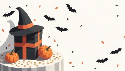 Halloween Themed Gift Box with Pumpkins and Bats on Light Background