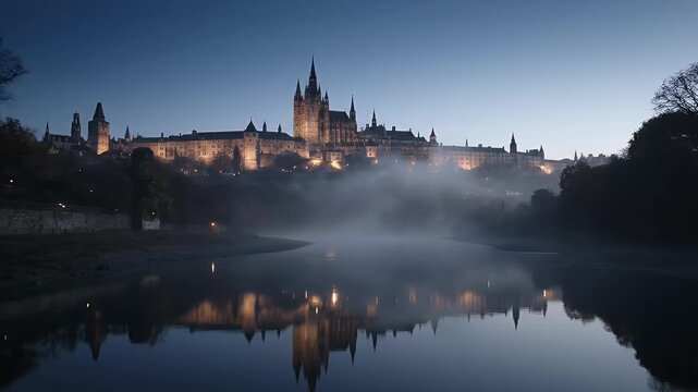 Segovia Alcazar castle illuminated at dusk, reflected in the Eresma river with a mystical layer of fog during the blue hour.