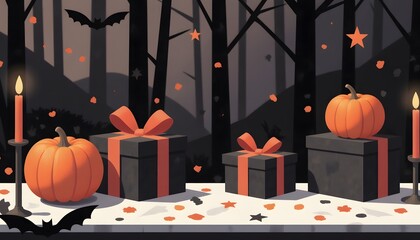Spooky Halloween Scene with Pumpkins, Gifts, Candles, and Falling Leaves