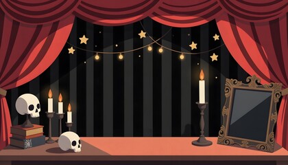 Mystical Stage Setup with Skulls, Candles, and Decorative Elements for Halloween
