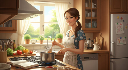 Cartoon housewife cooking in a kitchen