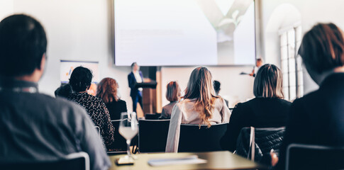 Interview and round table discussion at business convention and presentation. Audience at the...