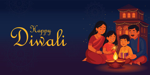 Indian family celebrate Diwali festival background with decorated Rangoli and Diya. vector illustration design.