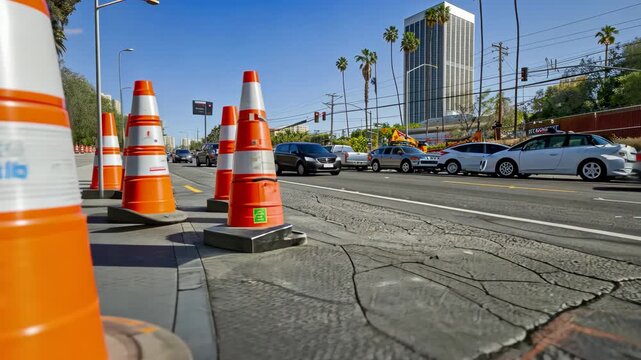 Construction work causes detours and delays as traffic cones guide vehicles in a busy city environment under sunny skies