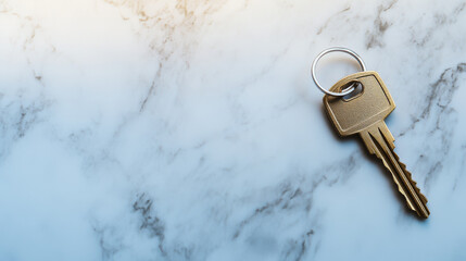 Golden key resting on elegant marble surface. Represents new beginnings, security, and opportunity awaiting.