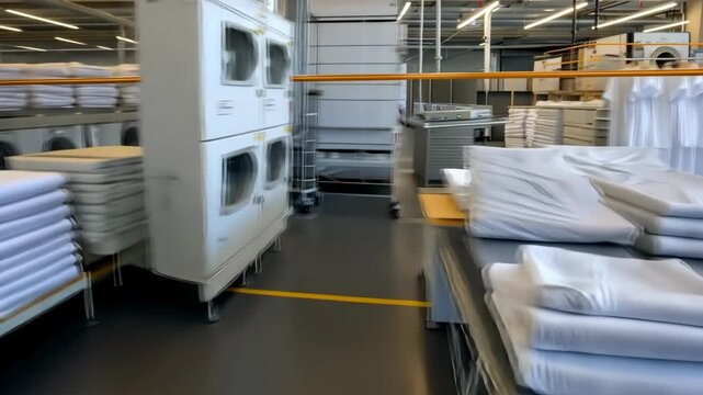 In a spacious laundry facility, neatly folded white linens are organized on tables, highlighting the efficiency of the operation