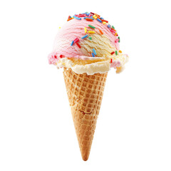 A scoop of double-layered ice cream on a waffle cone, topped with colorful sprinkles