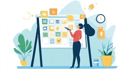 Woman reviewing a project plan on a whiteboard.
