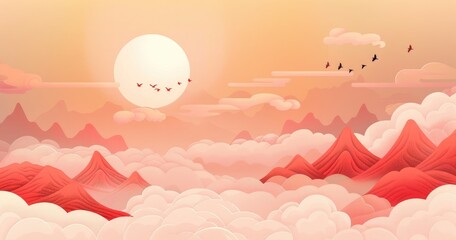 A serene landscape featuring mountains, clouds, and a large sun with birds flying in the sky.