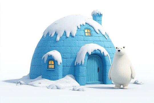 Cartoon igloo house with snow-dusted roof icy blue details and friendly polar bear neighbor isolated on white background