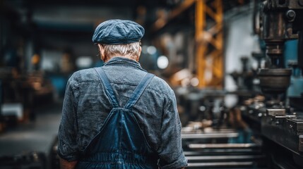 Fototapeta premium Senior worker in factory setting, focused on industrial equipment