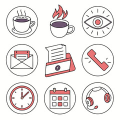 9 vector icons — daily micro-burnout symbols (coffee overflow, unread emails, low battery, digital stress). Flat pastel style for mental health, productivity and lifestyle apps